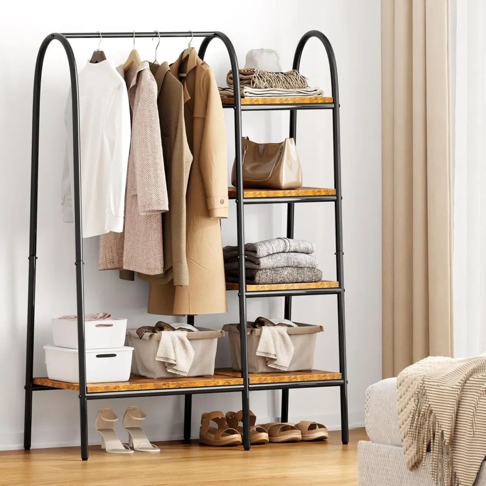 5-Shelf Freestanding Garment Rack with Hanging Bar for Clothes Storage and Display