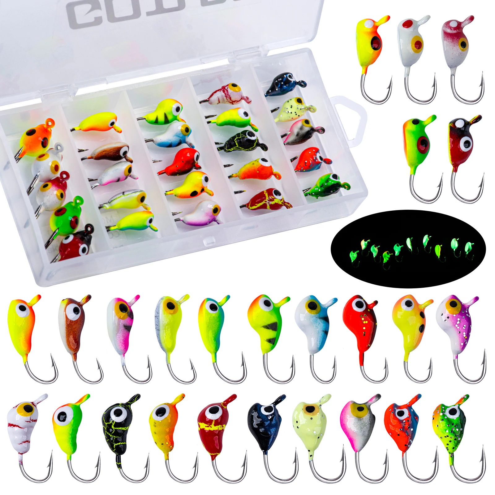 

25Pcs/box Fishing Lures Ice Fishing Jigs Luminous Ice Fishing Gear Bass Crappie Jigs Head Hooks for Winter Ice Jigging Lure