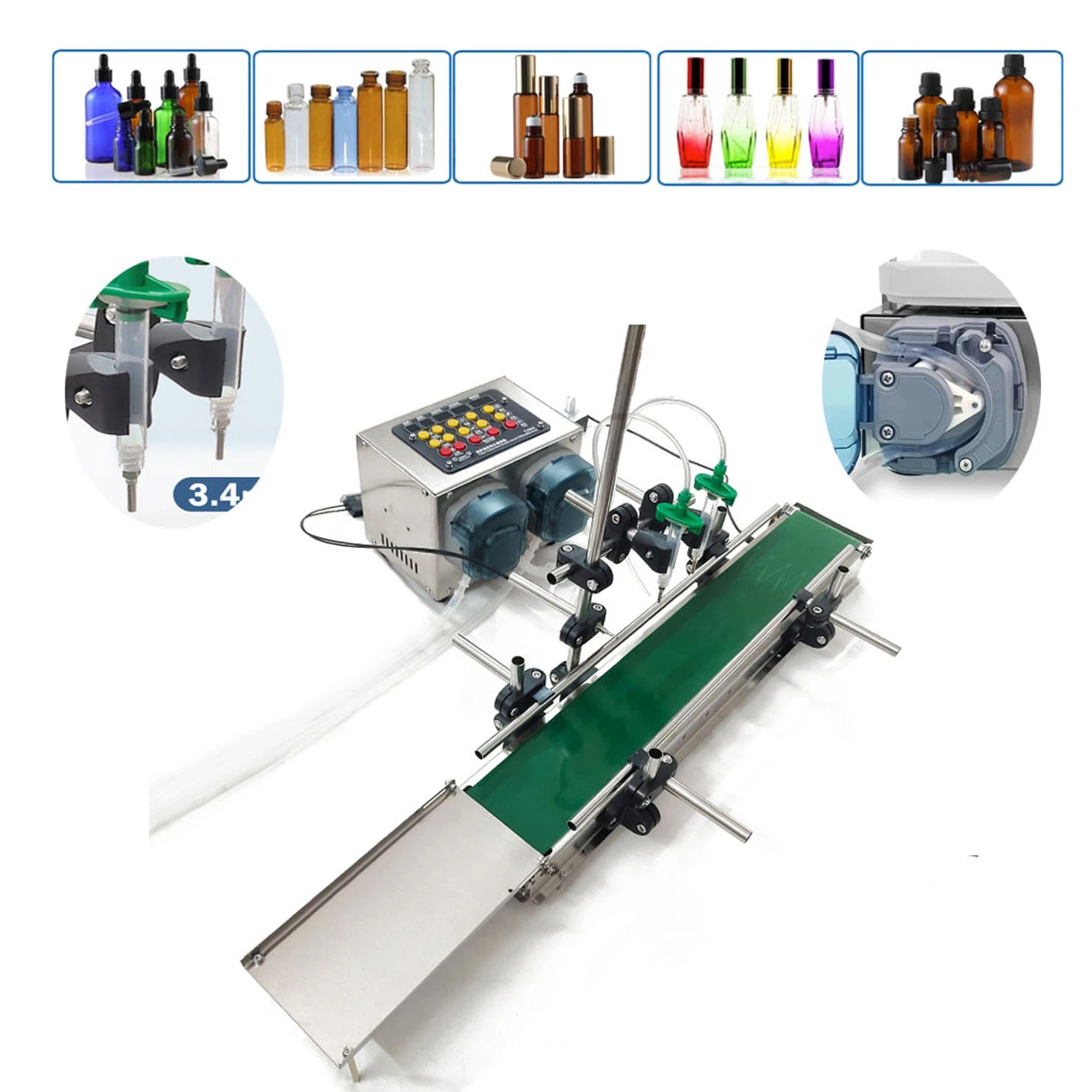 Peristaltic Pump Filling Machine Double Heads Fully Auto Perfume Essential Oil Filler With Conveyor Belt Liquid Water Oil