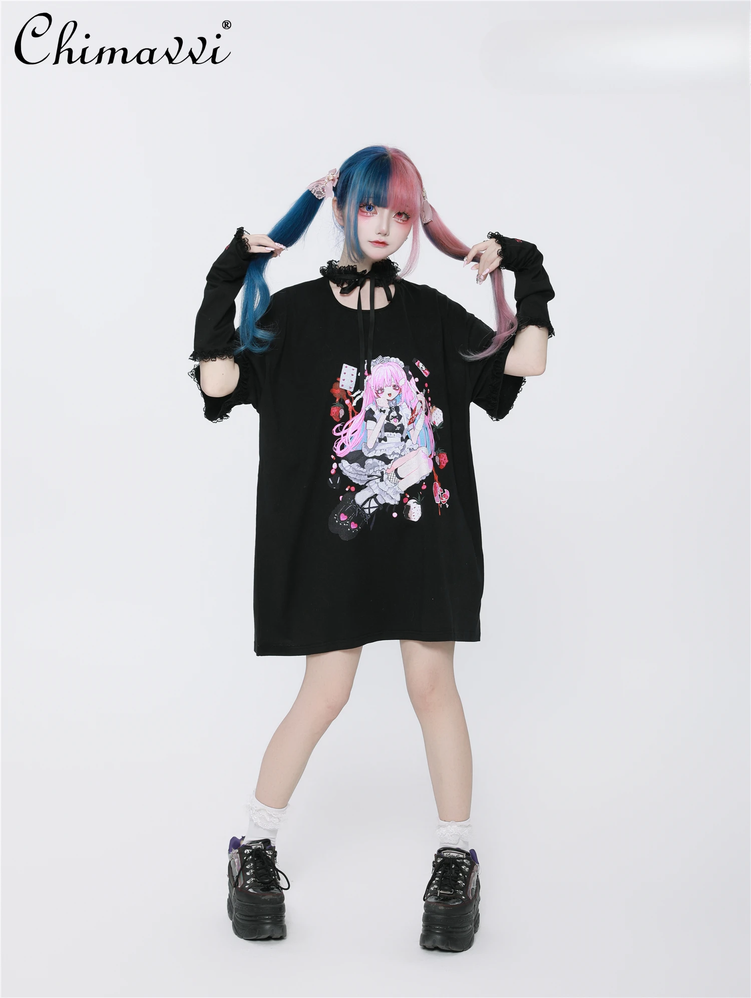 Japanese Two-dimensional Cute Printing Lace Splicing Short-sleeved Oversized Tshirt Dress Sweet Cool Subculture Short Dreses