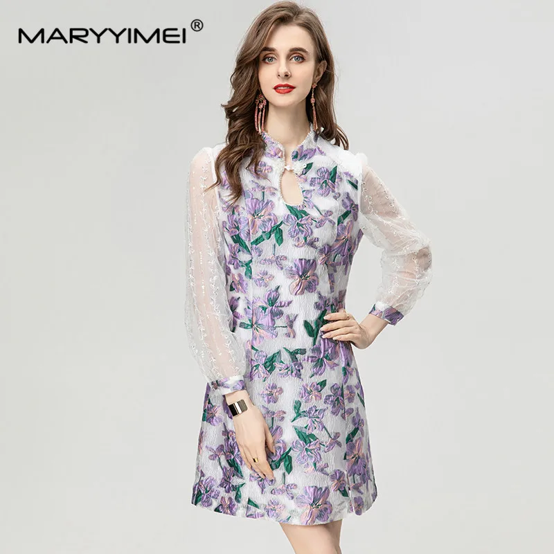 

MARYYIMEI Fashion Designer Summer Women's Jacquard Lantern Sleeved Mesh sequins Beading Purple Print High Street Dresses