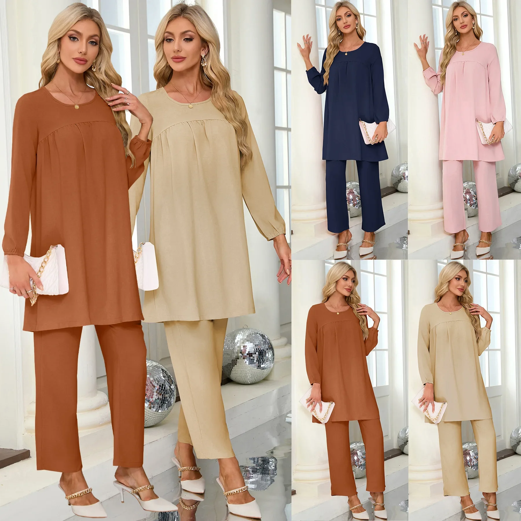 Muslim Ensemble Women Top Blouse Wide Leg Pants Suit Ramadan Morocco Outfits Dubai Islam Femme Casual Arabic Two Piece Sets