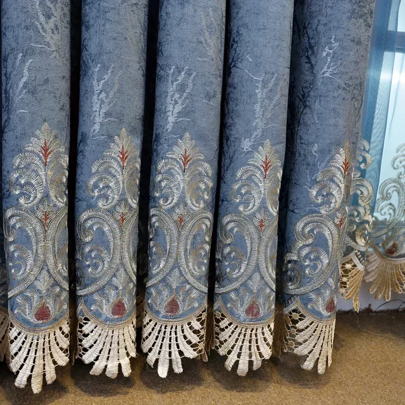 

European Embroider Blue Luxury Curtains for Living Room Dining Blackout Bedroom Snowy Valance Tulle Elegant Decoration Custom