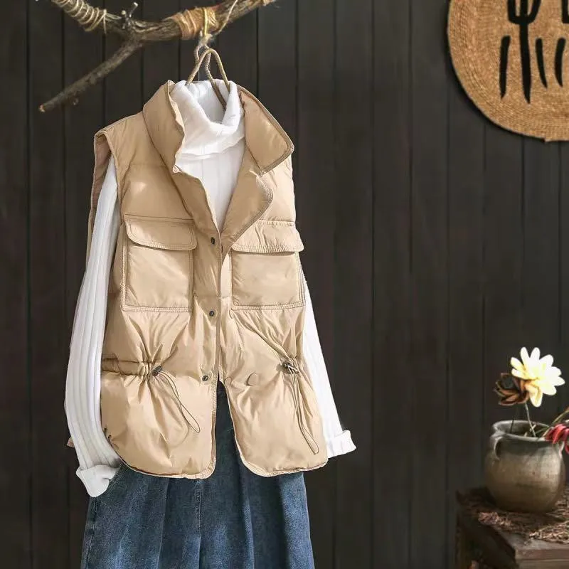Autumn Winter Women Drawstring Bigsize Down Waistcoat Jacket Light White Duck Down Vest Parkas Female Warm Sleeveless Tank Coat