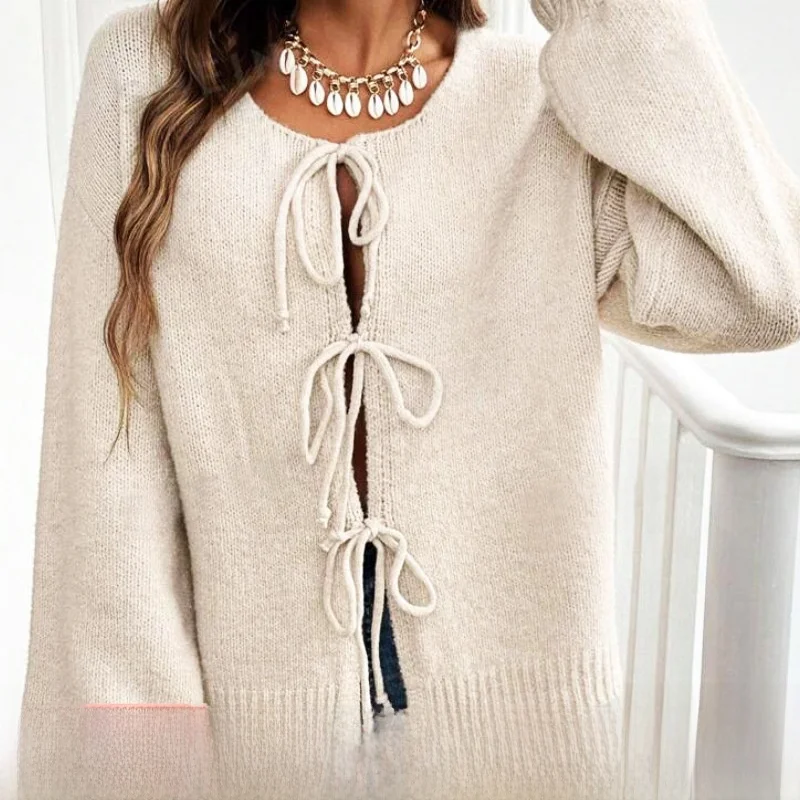 

Casual Loose Lace-Up Color Sweater Cardigan Women's Long Sve Polyester Fiber round Ne Open Cardigan Sle Autumn Faion