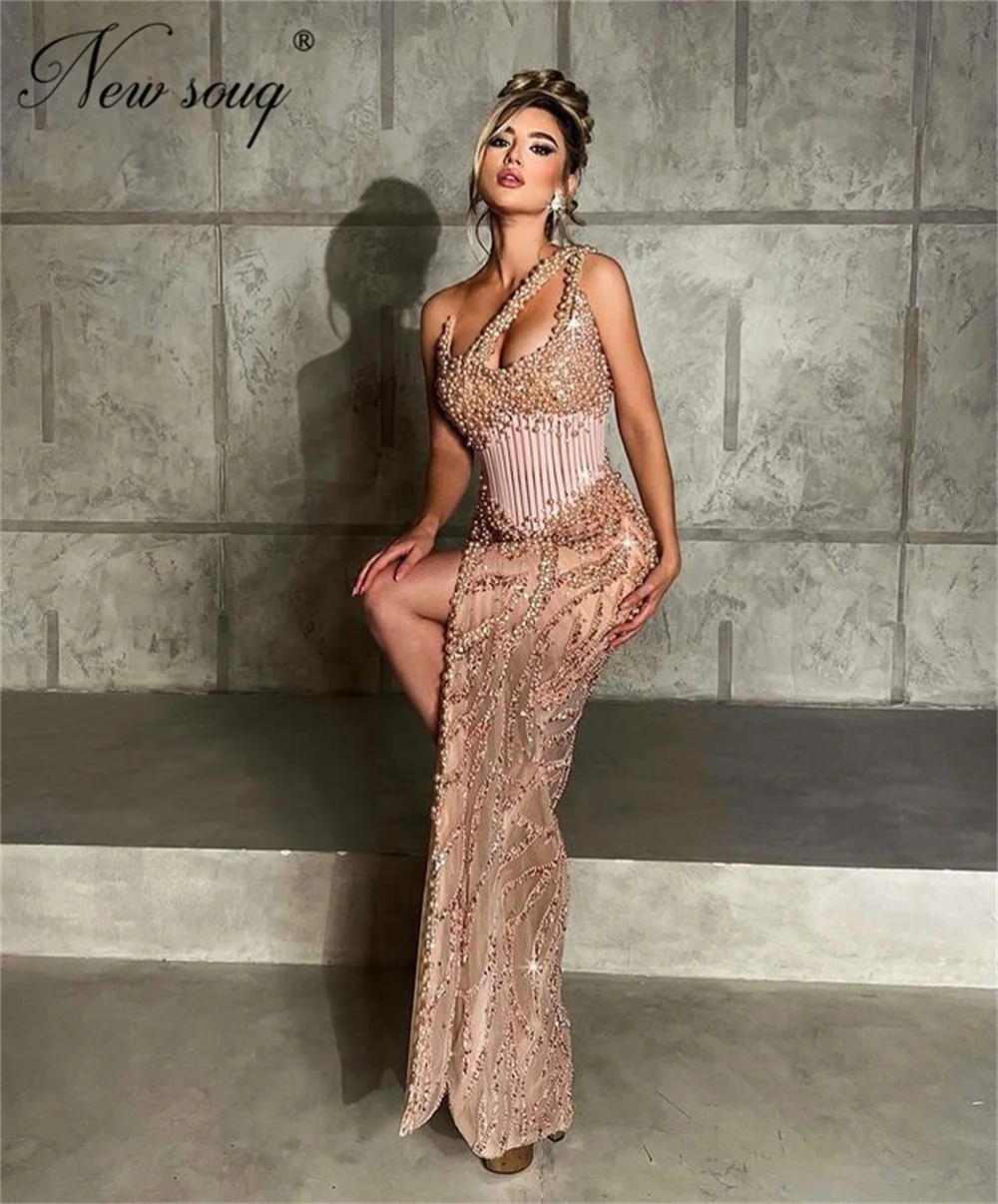 Blush Pink Pearls abiti da sera arabia saudita Secy High Split Side Women abiti da sera Cocktail Party Dress Vestidos De Gala