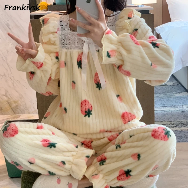 

Pajama Sets Women Long Sleeve Spliced Lace Winter Nightwear Aesthetic Baggy All-match Simple School Stylish Japanese Style Retro