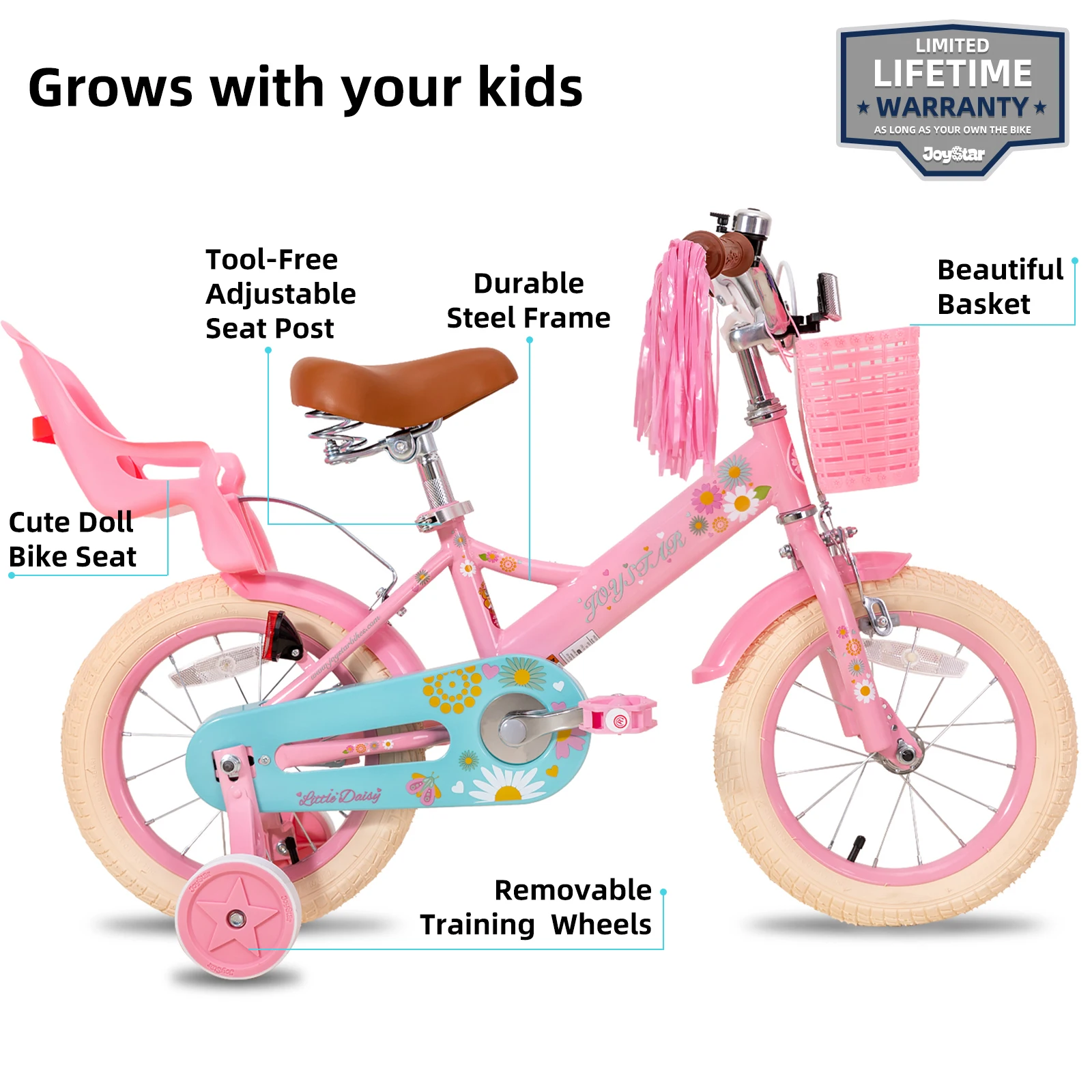 JOYSTAR Kids Bike for Girls Boys Ages 2-12 Years, 12 14 16 Inch Kids Bicycle with Training Wheels Girls Bike with Doll Bike Seat