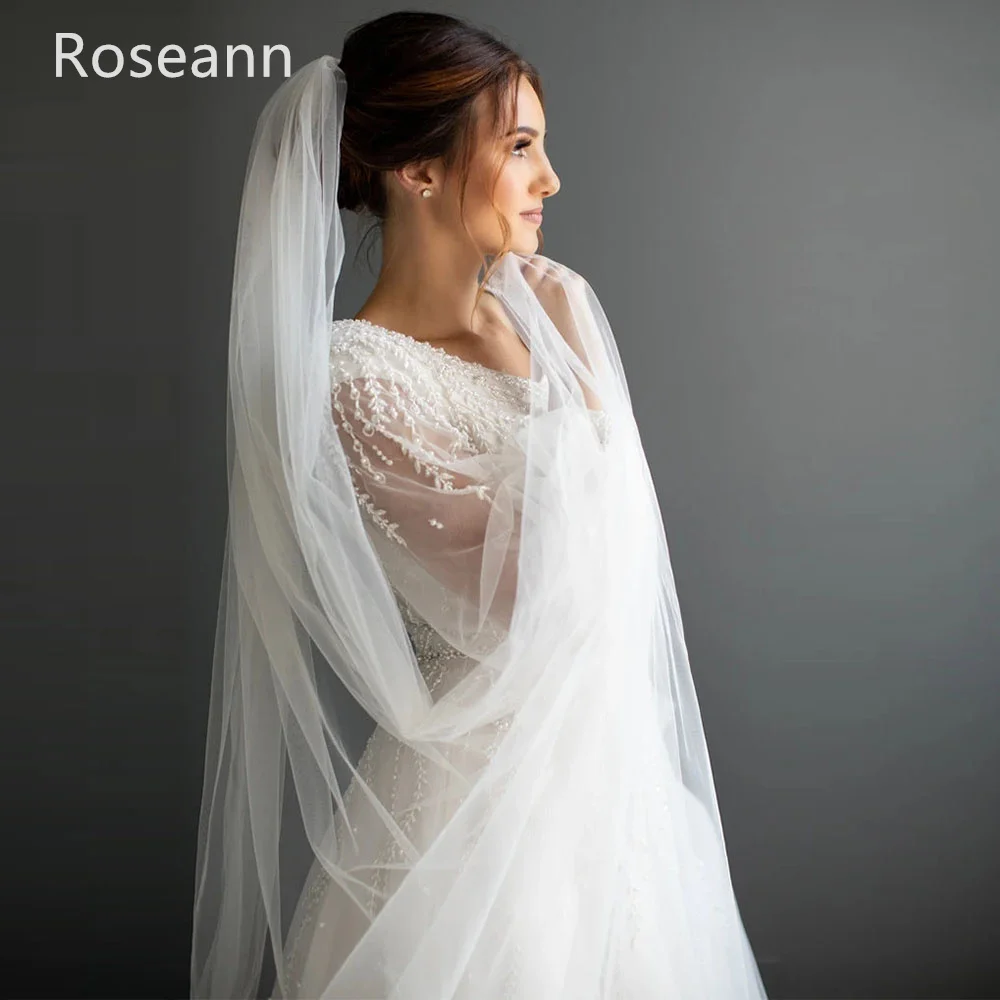 Maßgeschneiderte muslimische exquisite Elfenbein-Brautkleider mit V-Ausschnitt, A-Linie, Blumen, Satin, volle Applikation, Brautkleider, Tüll, Robe de Mariée