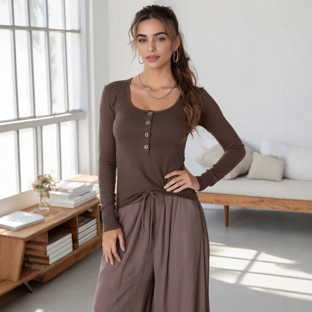 Camiseta clásica de manga larga para mujer, Top informal de otoño con diseño de manga recta sin decoración, Top cómodo a la moda