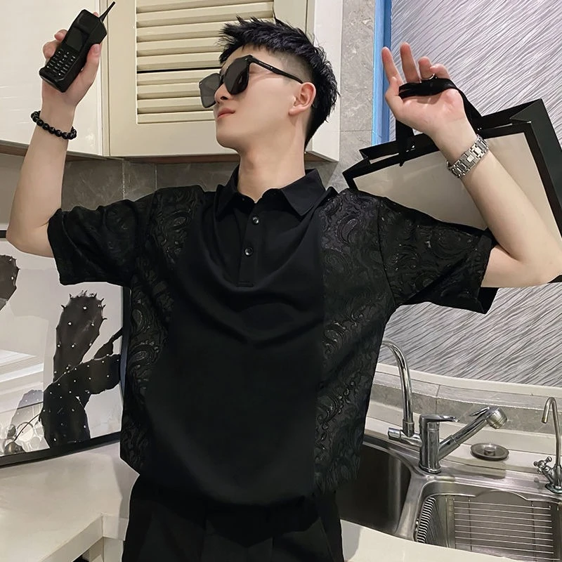 

Black Short Sleeve Slim Fit With Collar T Shirt for Men Elastic High Quality Luxury Tee Cool Vintage Hot Casual Man Polo Shirts