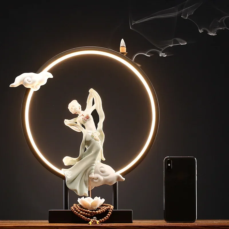 Dancer Backflow Incense Burner with LED Lamp Circle USB Chinese Style Iron Bottom Ornaments for Home Decor Insence Holder