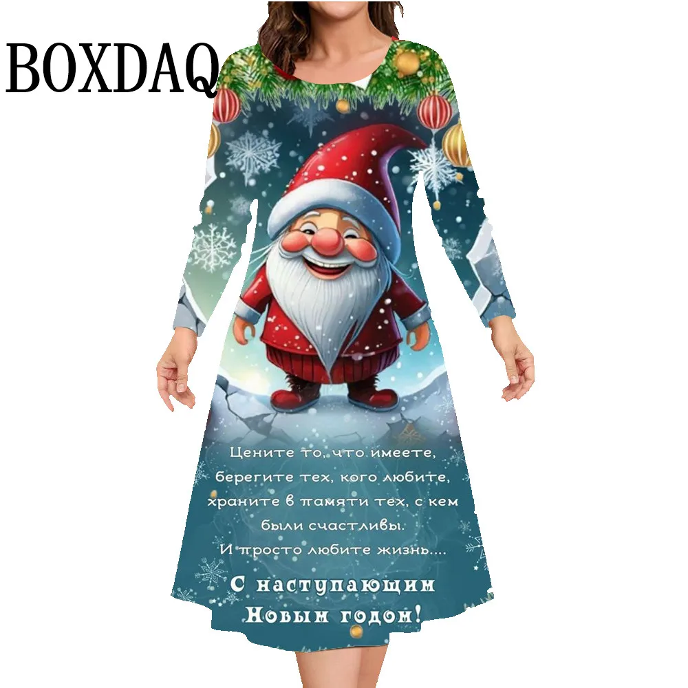 Niedlichen Weihnachts druck Frauen Kleid Herbst Winter Langarm Cartoon Santa Claus lässig Damen A-Linie Kleid plus Größe Kleidung 9xl