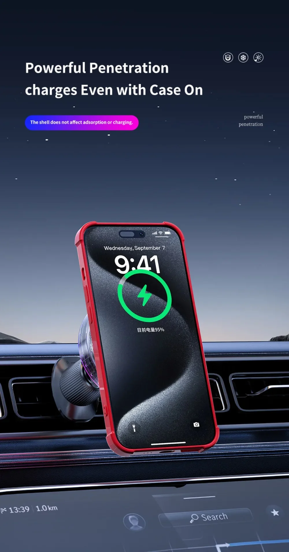 Luftgekühltes Auto-Qi2.2 25W Magnetisches Kabelloses Ladegerät mit RGB-Licht und Telefonhalterung für Magsafe iPhone 17 16 Pro Max Schnellladehalterung – Detail 11
