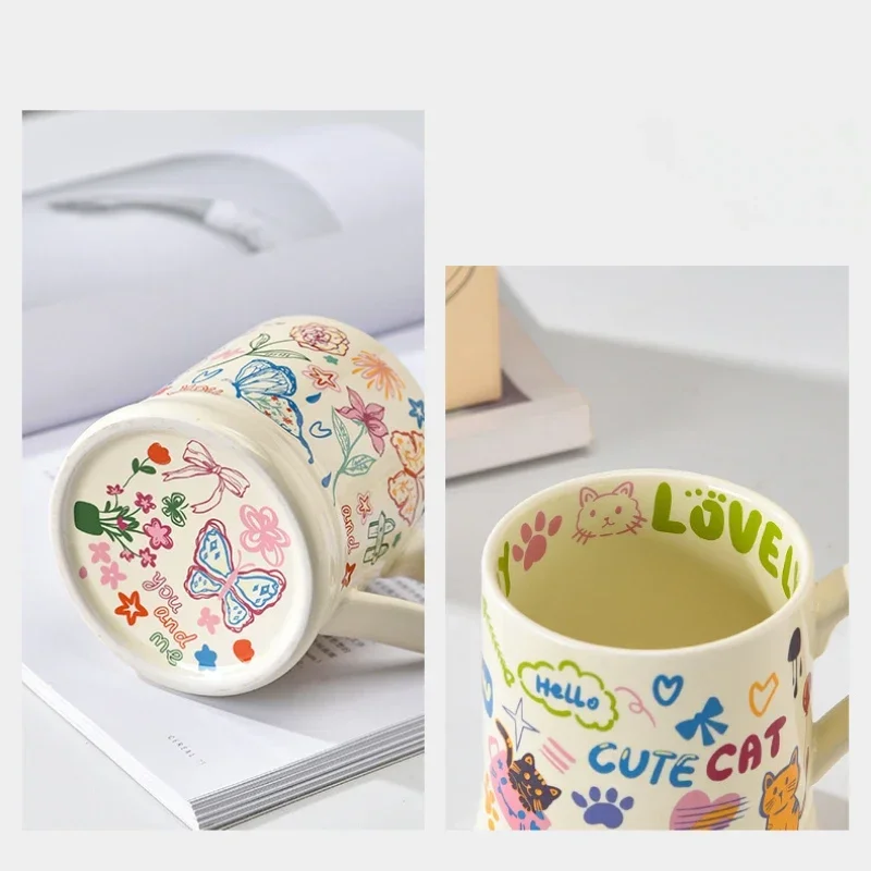 1pc Creative Cute Ceramic Cup Flower Printed Cat Pattern Household Breakfast Milk Juice Afternoon Tea Coffee Mugs Gift Drinkware