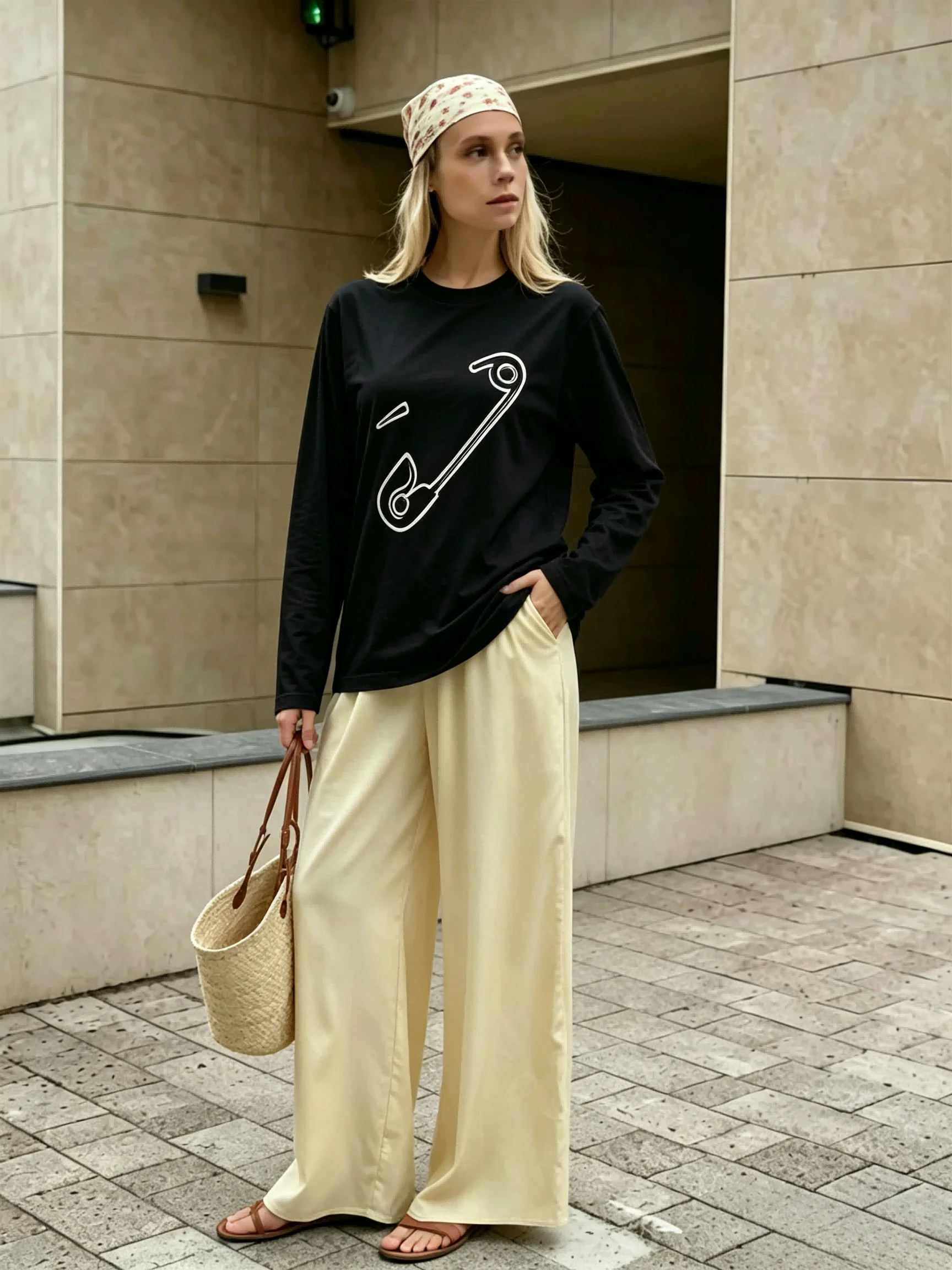 2026 Women's Round Neck Long Sleeve T-shirt with Safety Pin Printed Casual Top Minimalist Street Style Comfortable Daily Wear