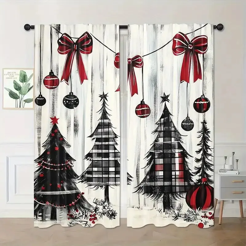 

2 Pieces - Christmas tree and Holly geometric print curtains, pole bag curtains, home decoration, room decoration