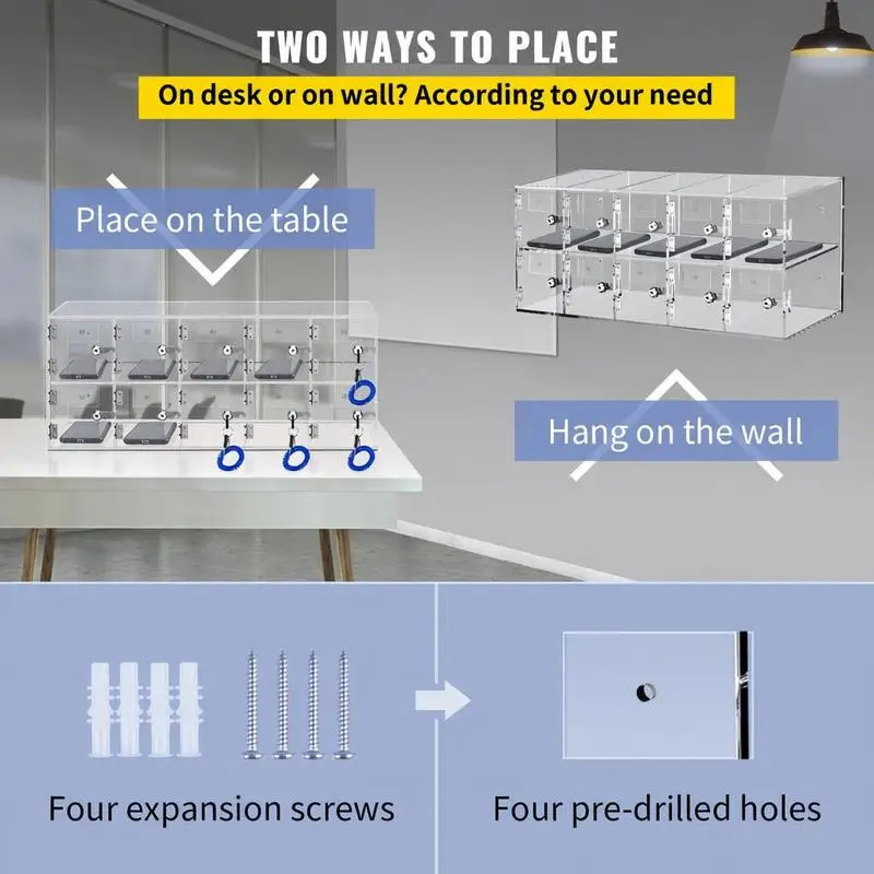Cell Phone Storage Locker, 10 Slots Acrylic Material with Door Locks and Keys, Wall-Mounted Cabinet Pocket Office Classroom Gym Box, Clear - view 7