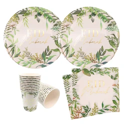 10Pcs green leaf Eid Mubarak Disposable Paper Plates Cups Napkins Ramadan Kareem Islamic Eid Party Decoration Eid Islamic Muslim