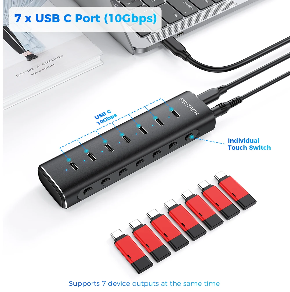 RSHTECH 36W Powered USB C 3.2 Hub Aluminum 7-Ports USB-C 10Gbps Data Transfer 12V/3A Power Adapter Individual ON/OFF Switches