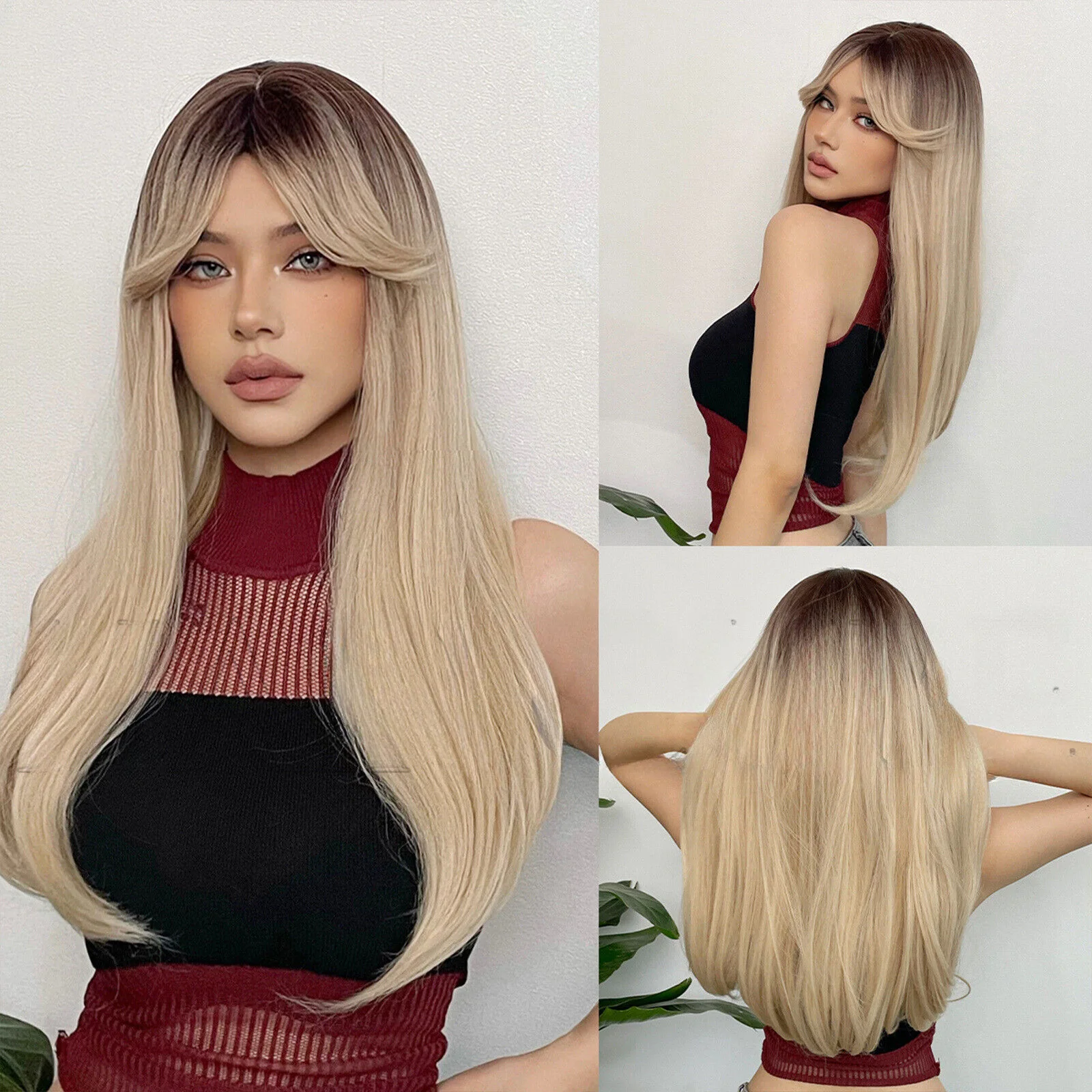 

Light Blonde Wigs Long Straight Wigs with Bangs Use 24Inch Synthetic