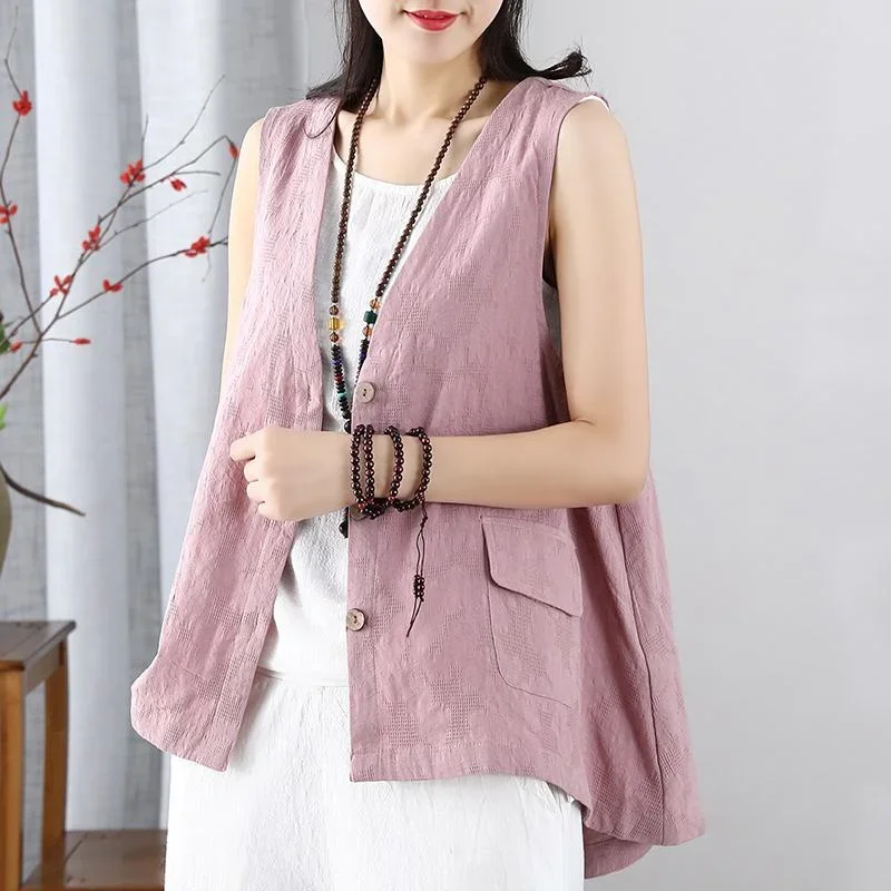 Retro Cotton and Linen Vest Coat Women's Loose All-Match Sleeveless  Thin Section Cardigan New  Waistcoat 2024 E169