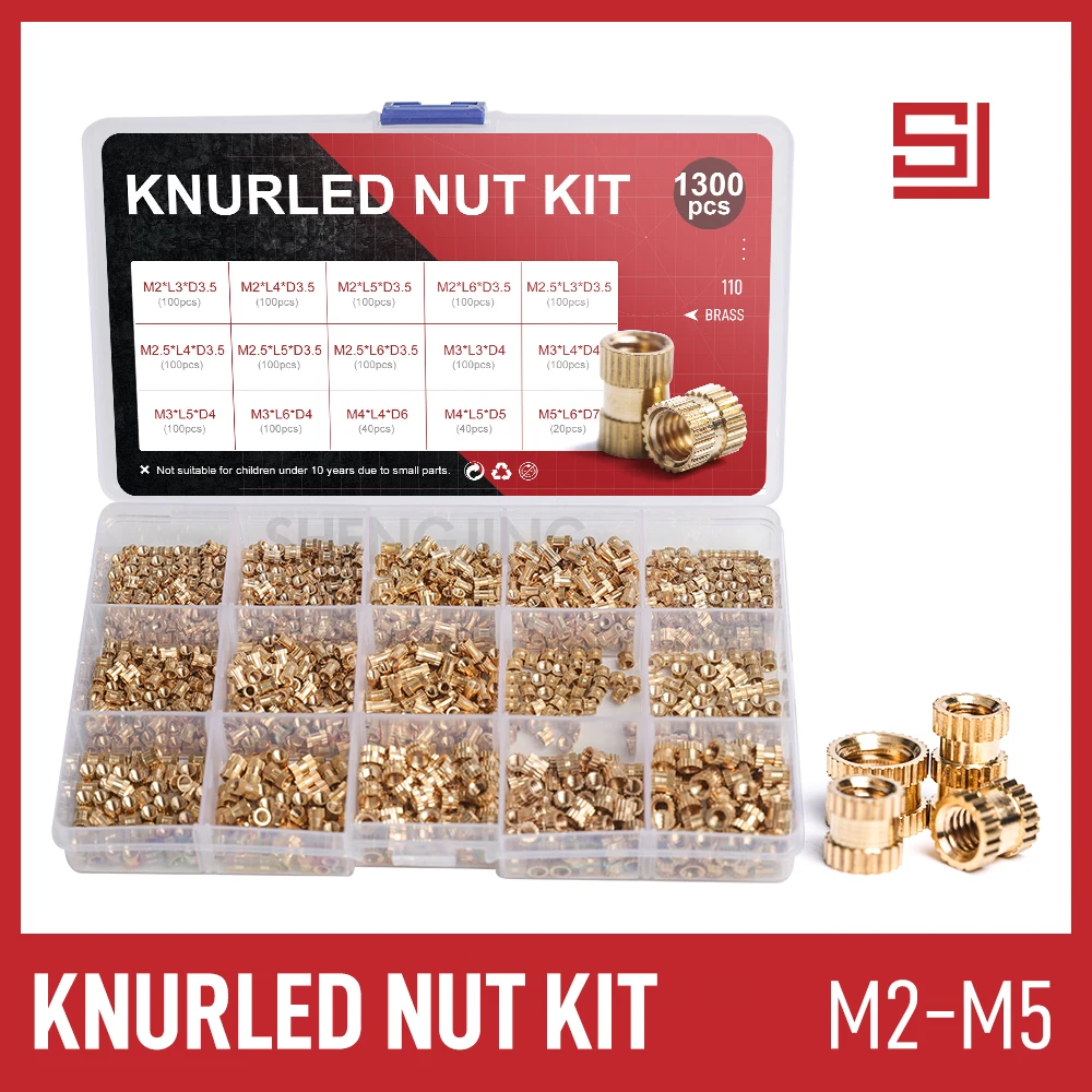 

SJ 650pcs 1300pcs Thread Brass Knurled Insert Nuts Kit M2 M2.5 M3 M4 M5 Embedment Nut Assortment Nut Set Tools Inset Accessories