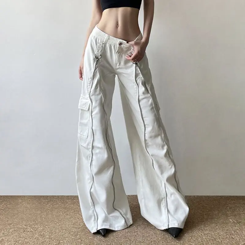 

American Street Zipper Sense Of Design Baggy Jeans White Lady Fashion Casual Wide Leg Pants Hip Hop Women Loose Sweatpants