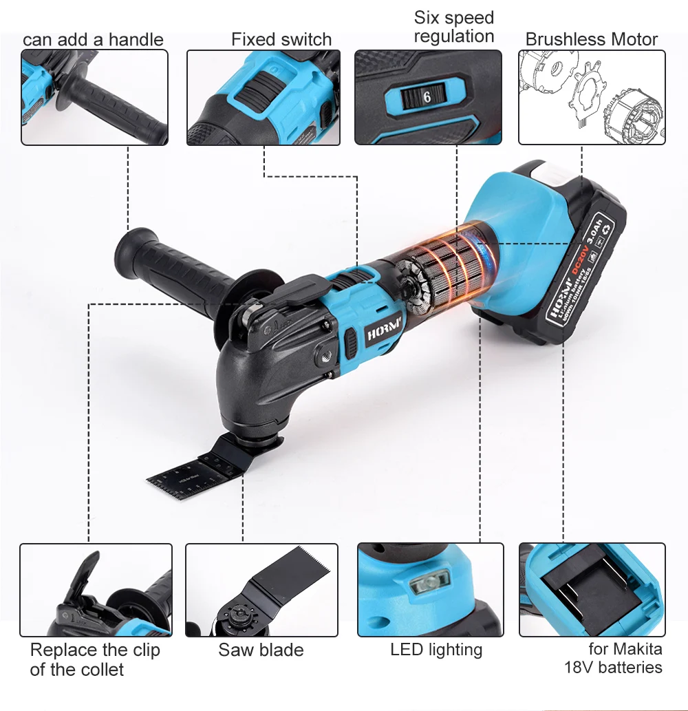 Imagem -02 - Brushless Oscilante Ferramenta Multi-função Serra Elétrica Aparador pá Corte Carpintaria Cortador para Makita Bateria 18v