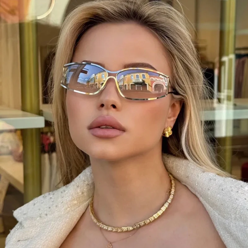Motorcycle 2pcs Y2K Metal Frame Square Sunglasses Hollowed Out Future Sense Of Technology Net Red Sunglasses Women Glasses