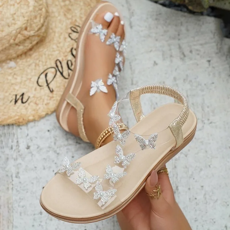 Comfortable Flat Sandals Women Big Size Summer Shoes Woman Bohemia Flowers Rhinestone Beach Ladies Shoes Thongs Plus Size 41 42