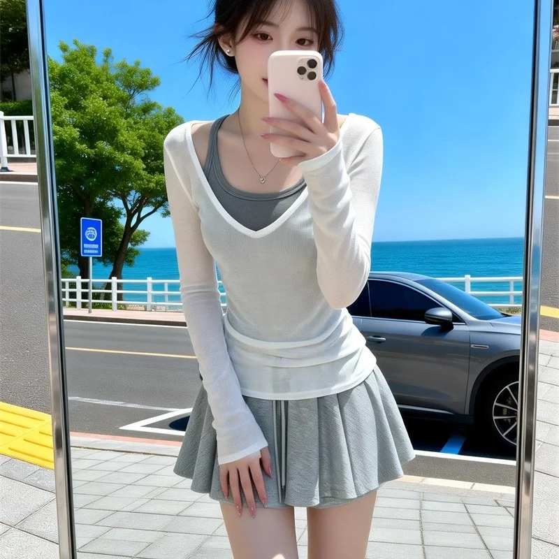 

Korean Style Beautiful Spring Summer New Inner Shirt Half Skirt Three Piece Set Women's Fashionable Short Sleeve Long Sleeve