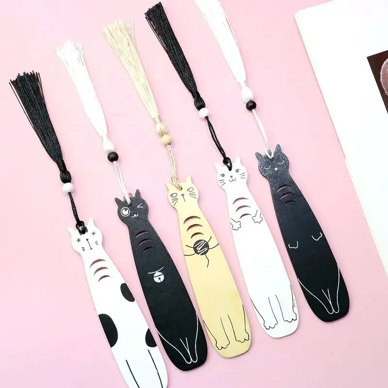 Cartoon Cat Wooden Bookmarks with Tassels Creative Bookmarks Children Student Teacher Stationery Reading Tools