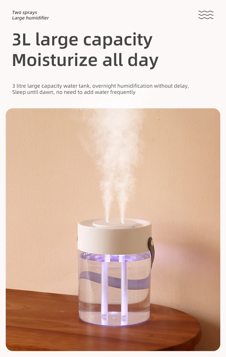 Neue 3L Doppel Spray Luftbefeuchter Zerstäuber Usb Große Kapazität Hause Stumm Schlafzimmer Büro Nachtlicht Digital Display Luftbefeuchter – Detail 5