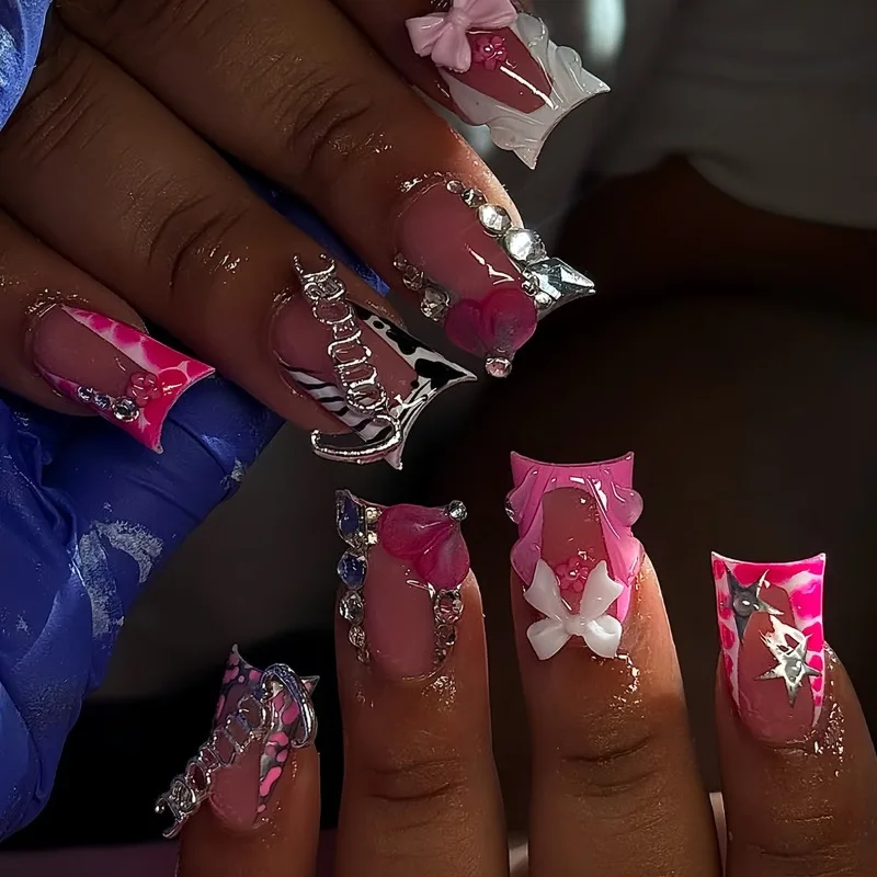 Y2K-uñas de pato picantes para niña, decoración de Metal con lazo de flores, puntas de uñas postizas francesas, 24 Uds., uñas postizas góticas acrílicas para verano