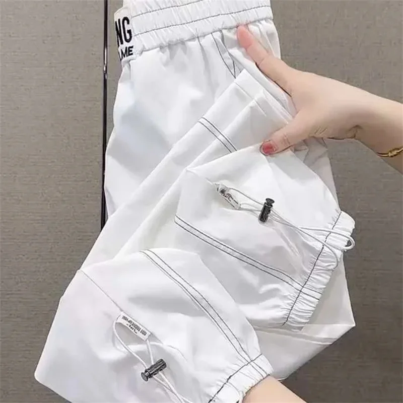 

Korean Women Quick-dry Ice silk Pants Spring Femme High Waist Large Size 4XL Trousers Summer Ladies Fashion Light Thin Pantalons