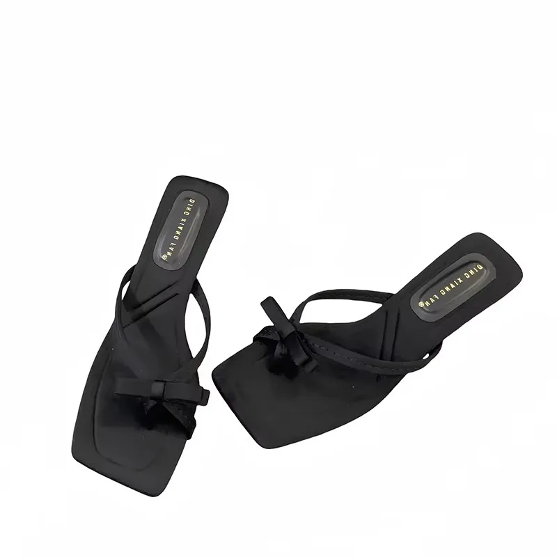 

5cm Low Heeled Shoes Woman Slippers Black Bow Flip Flops Ladies Sandals New Arrival Pink Summer High Heels Sandale Femme