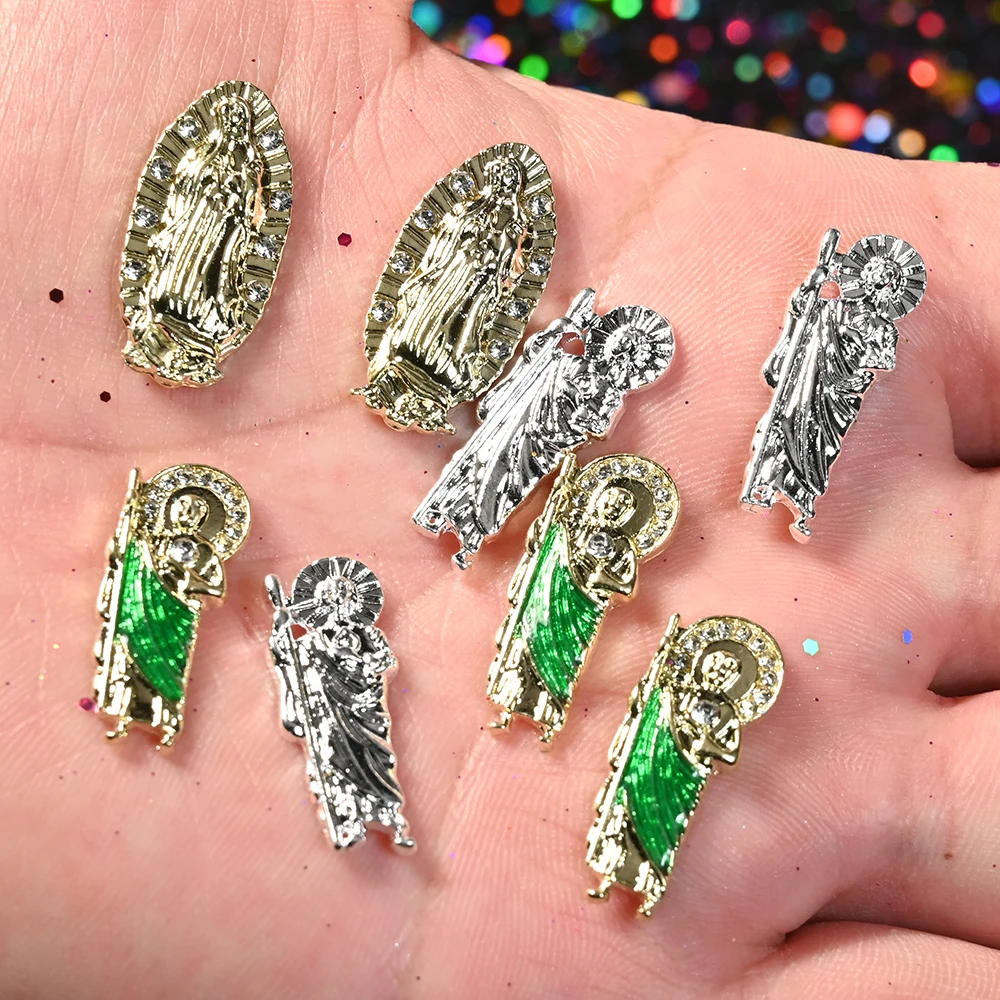 Green Color San Judas 3D Decoration for Nails Design God/the Buddha Diamond Metal Jewel Virgin Mary Manicure Jewelry(10pcs)