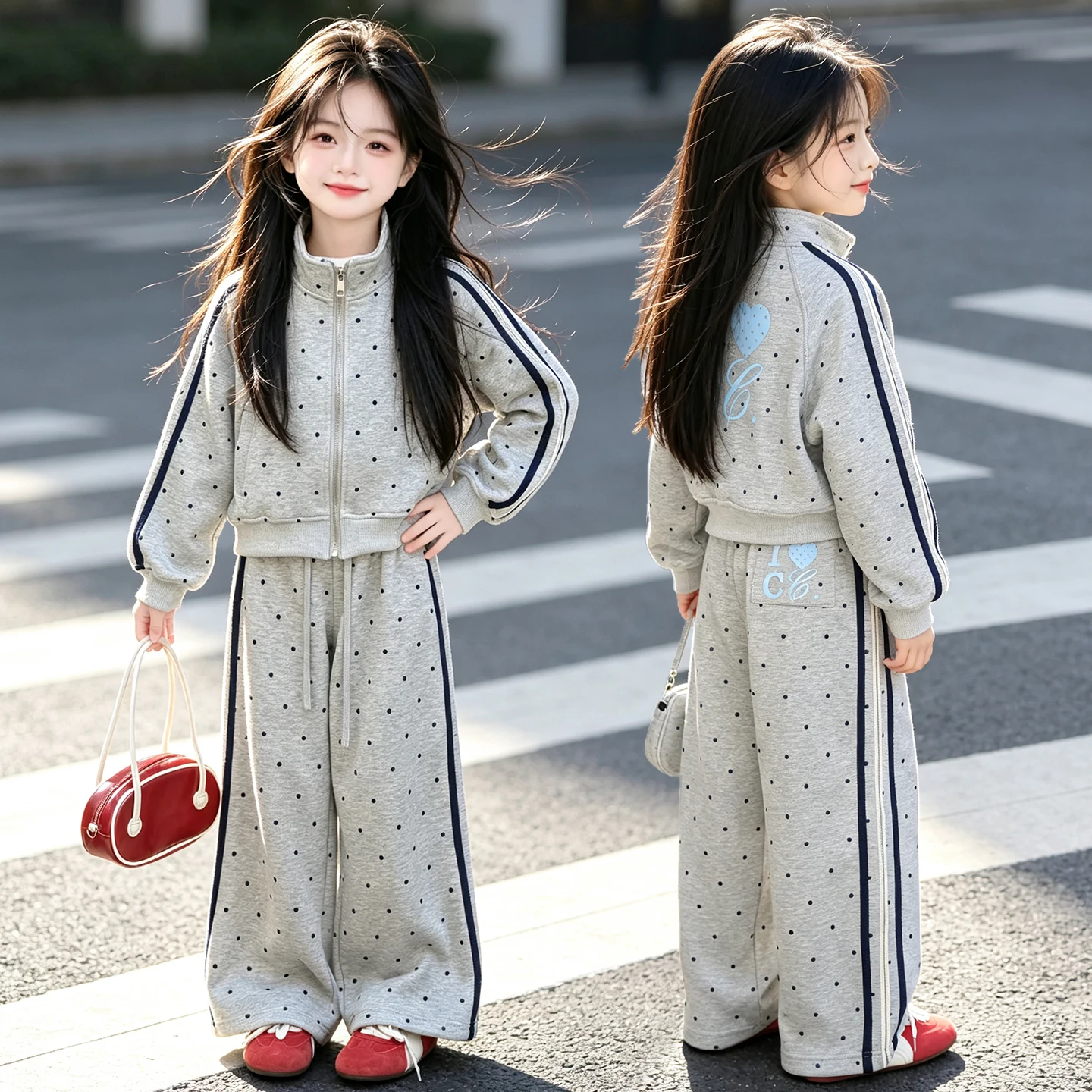 teen girls sport clothes suit polka dot Zipper sweatshirt jacket wide-leg pants 2pcs junior kid Sportswear outfits child clothes