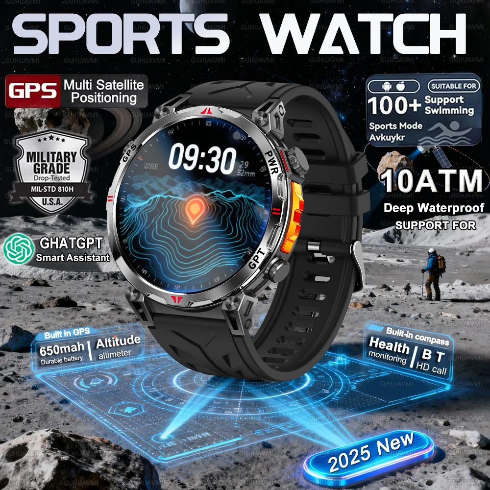 

2025 NEW SPORTS Smart Watch Men 10ATM Waterproof GPS trajectory Compass Altimeter Barometric 1.56 inches AMOLED Bracelet