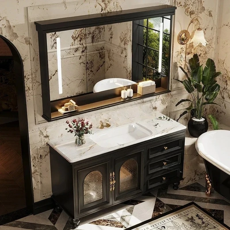 Mobile da bagno francese dal pavimento al soffitto in rovere retrò, combinato lavabo da bagno