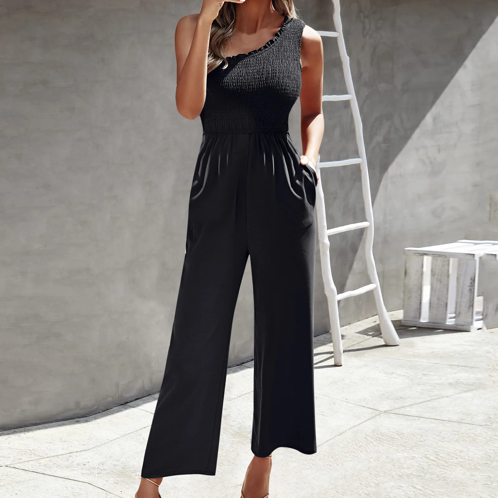 

Summer Fashion One Shoulder Jumpsuit With Pockets Women Smocked High Waist Solid Color Casual Loose Jumpsuit Romper Outfits