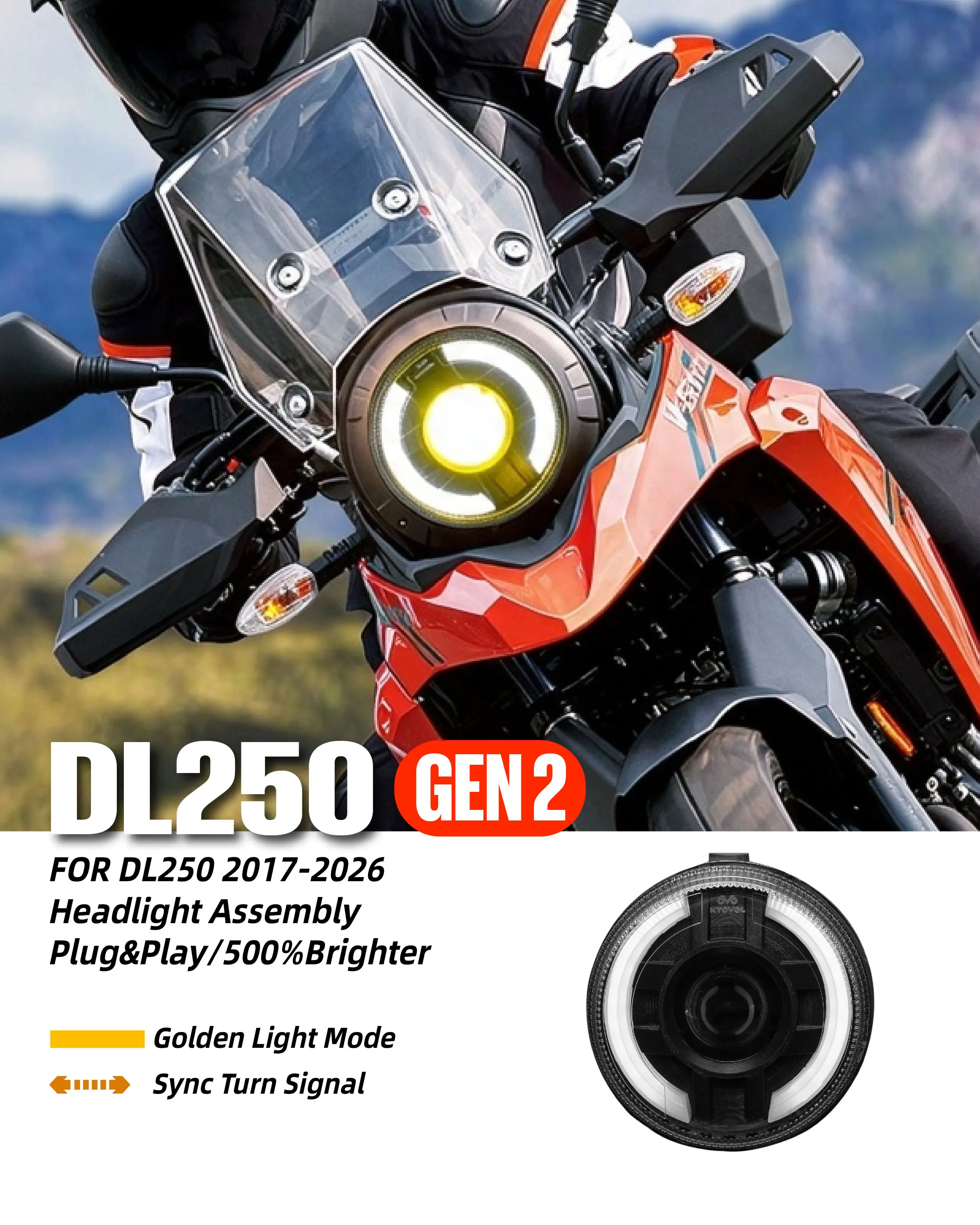 KT Full LED Headlight Assembly For Suzuki DL250 V-Strom 2017-2026 Adjustable Color Motorcycle Headlight Upgrade