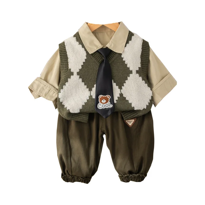 

3pcs Children's Suit Autumn Boys' Cotton Shirt Sweater Vest Medium Toddler Infant Casual Suit Baby Clothes Set