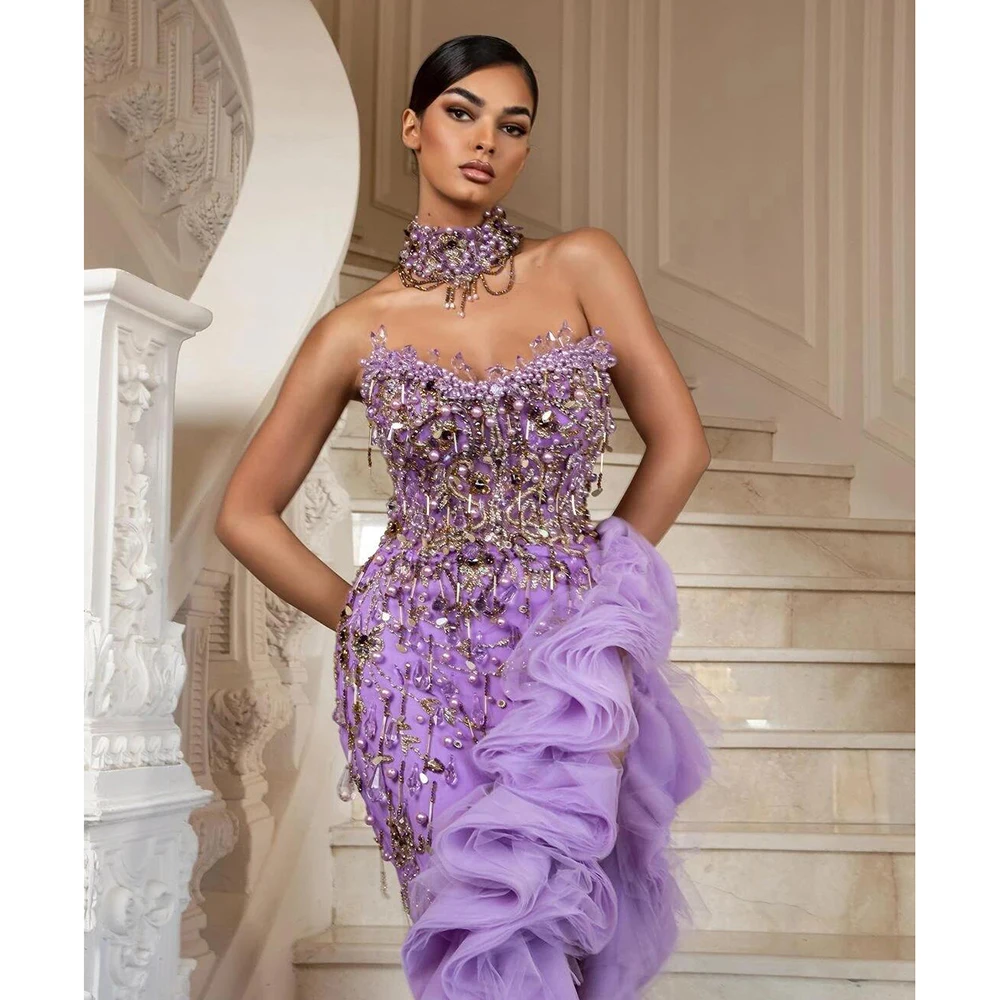 Elegant Mermaid Ruffles Evening Dresses Beaded Crystals Split Prom Gowns Custom Made Strapless Party Gown