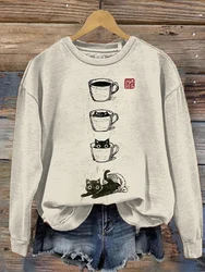 Suéter suelto informal cómodo con estampado de arte japonés y taza de café de gato a la moda para mujer