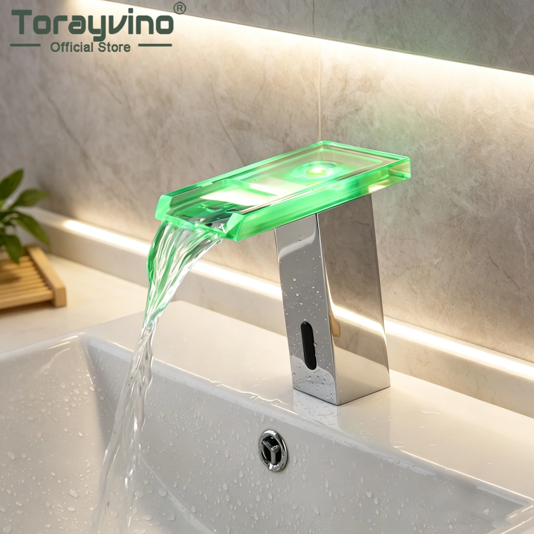 Torayvino Bathroom LED Light Induction  Faucet Brass Solid Automatic Basin Sensor Faucets Waterfall Spout Sink Mixer Water Tap