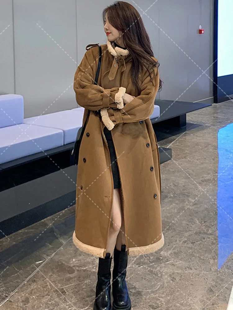 Abrigo de Lana ueso para Mujer, Chaqueta de Piel de Cordero, Terciopelo de Piel de Ciervo, Abrigo Largo de Otoño Invierno, ...