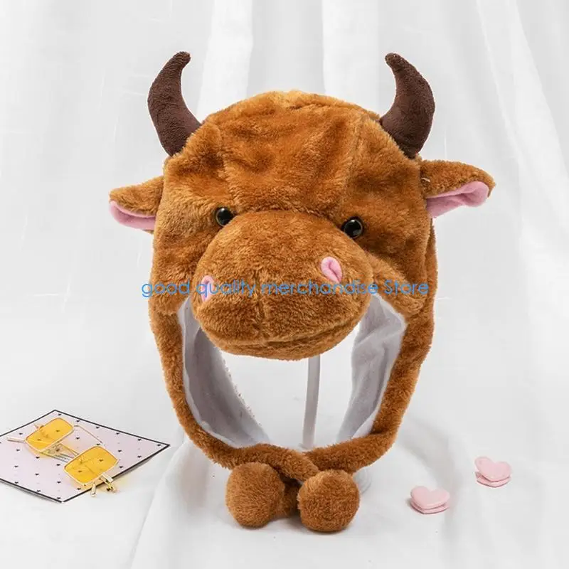 Y5JD هالوين البقرة قبعة أفخم الكرتون القبعات لطيف محشوة الحيوان الكرتون هود قبعة البقرة فروي يندبروف اللباس