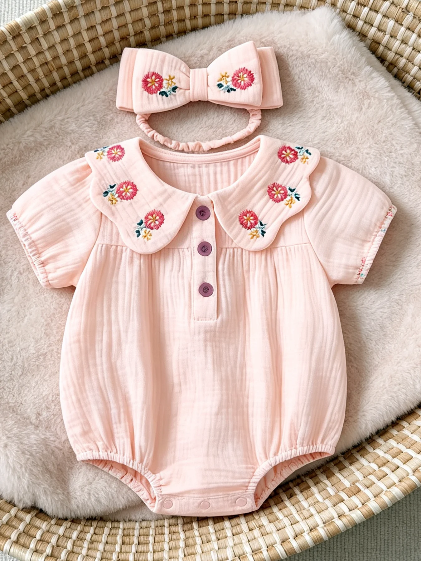 Embroidered Collar Baby Girl Triangular Onesie, Spring/Summer Short-Sleeve Hairband Set, 0–12 Months Baby Outfit Set